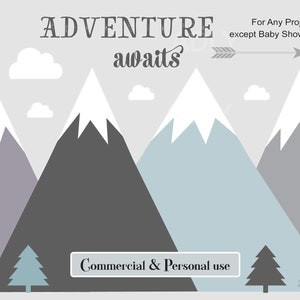 Adventure Awaits Mountain clip art, rustic, tribal, mountains, pine tree, clouds, vector, arrow, snow,travel, landscape