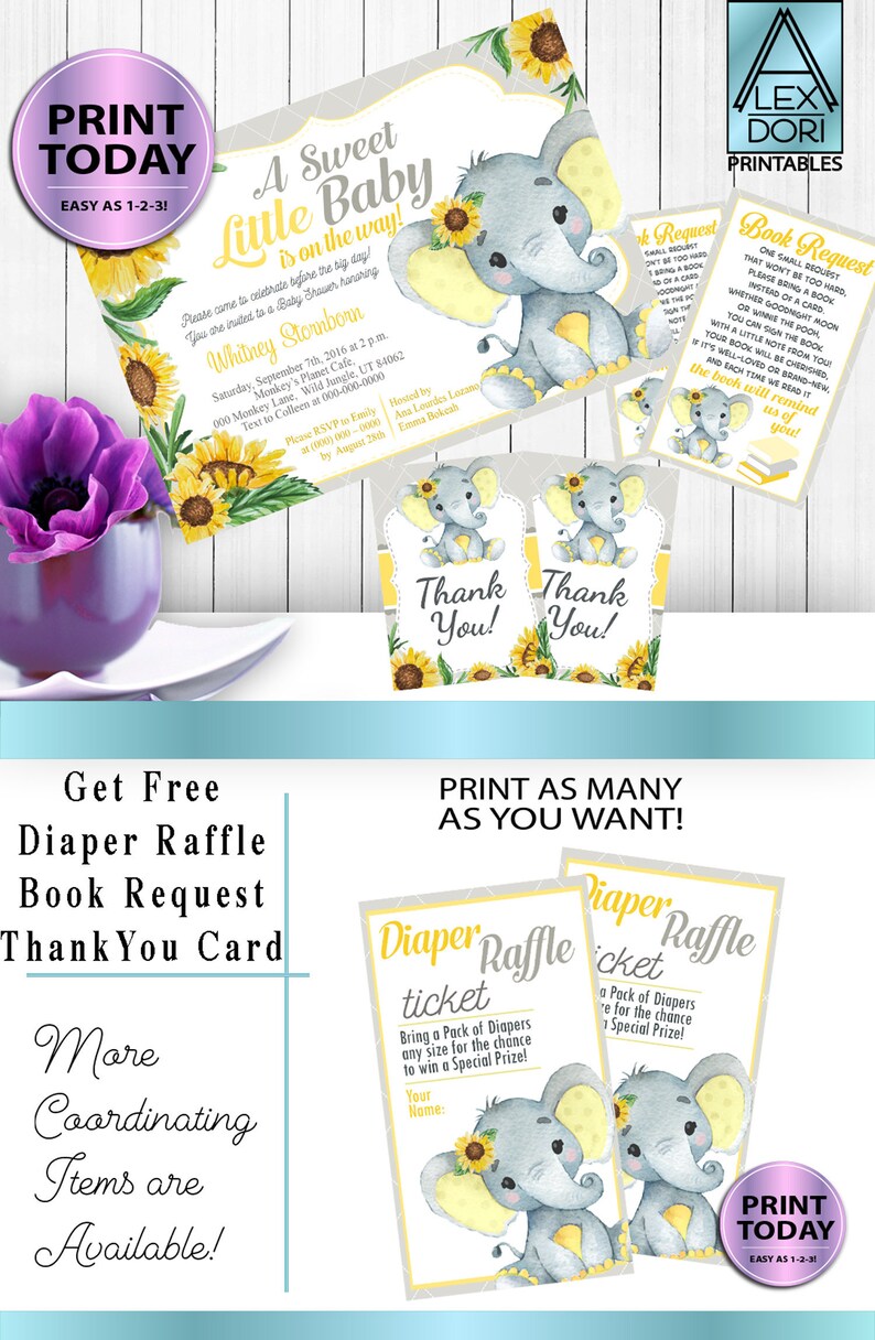 Sunflower Girl Elephant Baby Shower Invitation in Yellow Gray Etsy