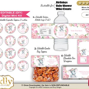 DIY bearbeitbares Mädchen Elefant Geburtstag, Babyparty, Kit-Cupcake, Goodie Bag Topper, Wasseretiketten, Schokoriegel Wrapper, Rose - ao144BPMK