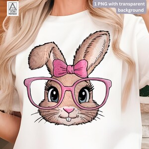 Kokette Hase PNG, süßes Mädchen-Kaninchen mit Schleife, Faux-Stickerei-Stil, rosa Brille, Ostern Sublimation, T-Shirt Clip Art, digitaler Download