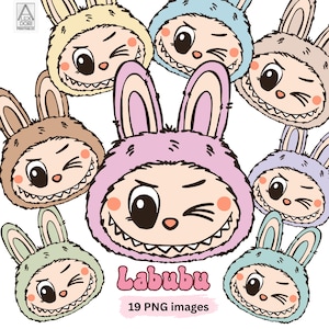 Labubu Winking PNG-Bilder, Bundle aus 19 Labubu Digital-Dateien für Sublimation, Labubu Bundle süße Monster im Pastellregenbogen, geschlossenes Auge