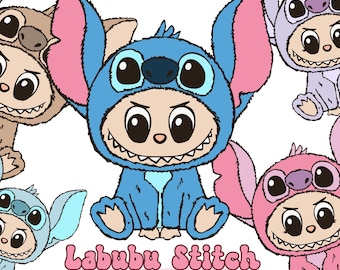 Images Labubu Stitch PNG, lot de fichiers numériques vectoriels Labubu pour Cricut, sublimation, svg labubu en couches, monstres mignons Labubu Bundle