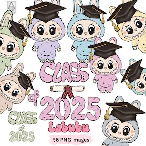 Labubu Graduierung png, 56 Lababu Bilder mit Abschlusskappe und Abschlusszertifikat, bunte Pastell-Labubu-Transfersublimation