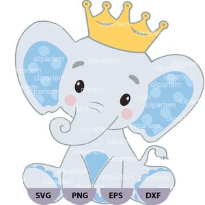 Royal Blauer Elefant mit Goldkrone, SVG Schneidedatei, PNG digitale Datei für Cricut, Silhouette, Clip Art, kleiner Junge Baby Elefant golden