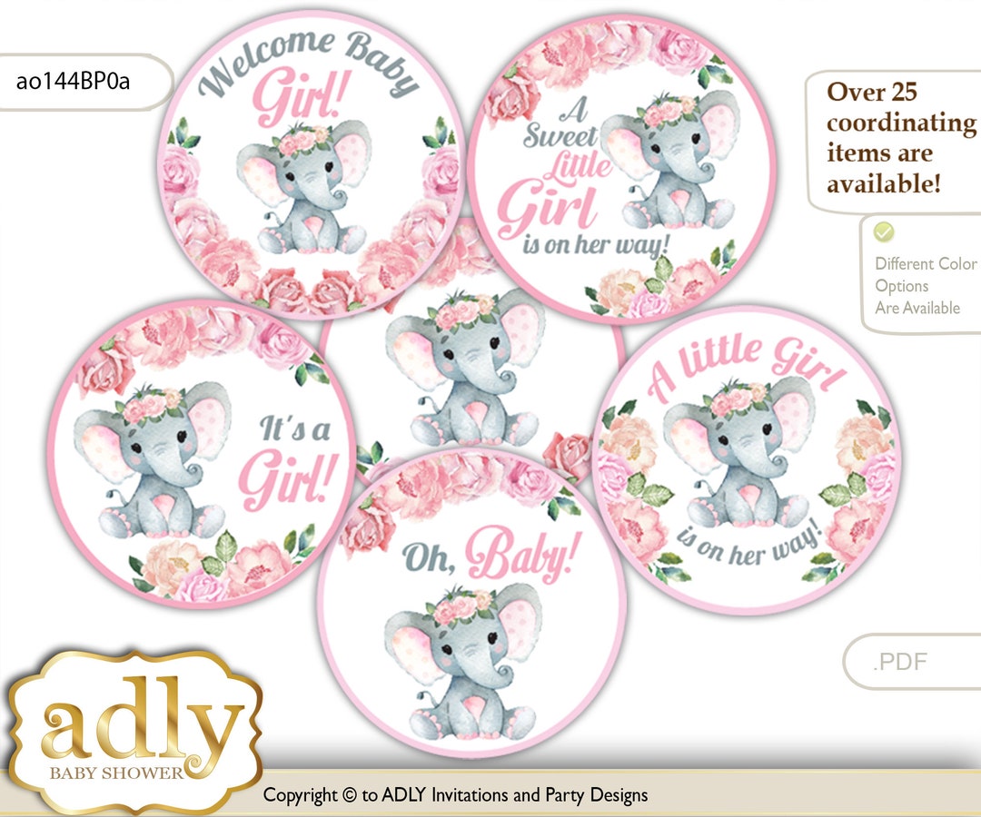 Girl Elephant Cupcake Toppers for Baby Shower Printable DIY, Favor Tags