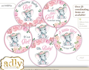 Girl Elephant Cupcake Toppers for Baby Shower Printable DIY, favor tags, circles, It&#39;s a Girl, Rose - ao144BP0a