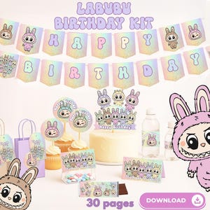 Kit per compleanno Labubu, pacchetto essenziale di decorazioni per compleanno Labubu stampabili, decorazioni, striscioni, etichette Labubu, etichette per bottiglie d'acqua, decorazioni per torte.