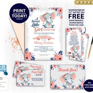 Coral Navy Elephant uitnodiging voor meisje babyshower, digitale uitnodiging sjabloon, gratis boek aanvraag, luier loterij, bedankkaart perzik blauw
