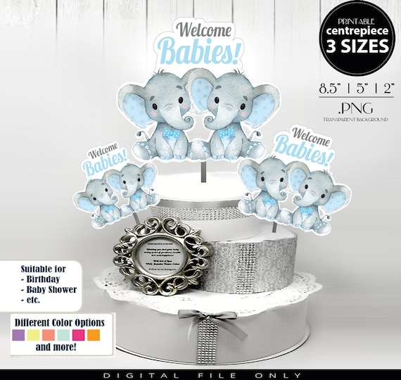Buy Twin Boy Elephants Centerpiece: Blue Gray Baby Shower (PNG