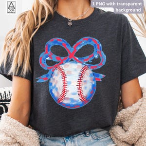 Coquette honkbal png, rood blauwe retro strik clipart, aquarel honkbal sublimatie, game dag honkbal moeder png, trendy mama sportontwerp