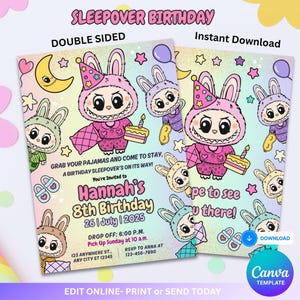Convite de aniversário Labubu para festa do pijama Labubu editável modelo Canva, download de festa do pijama Labubu, aniversário de boneca monstro da moda