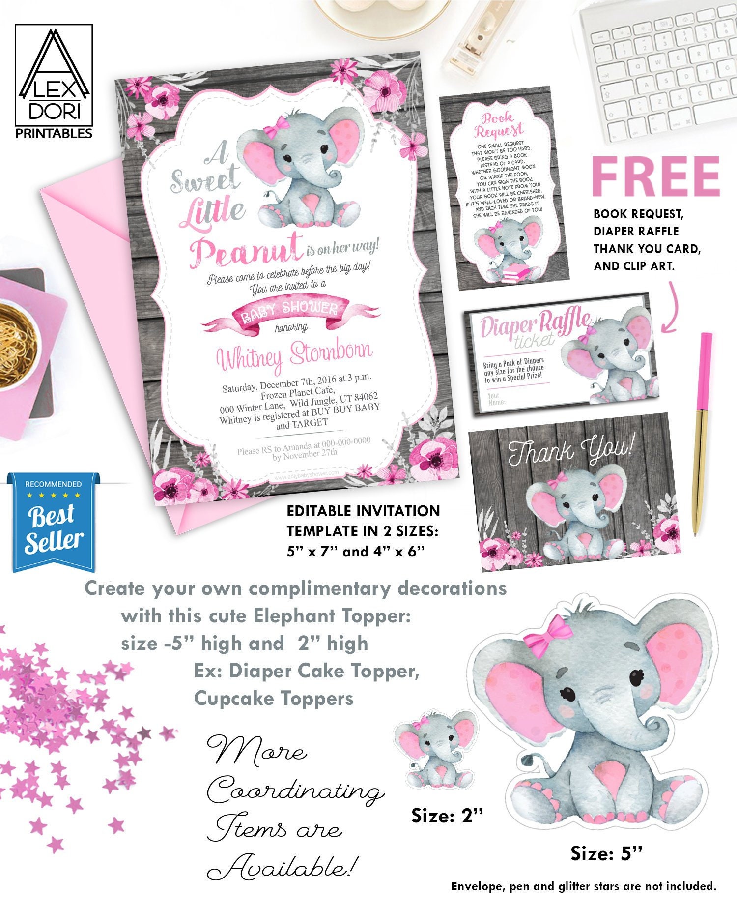 Pink Gray Elephant Baby Shower Invitation Printable | Etsy