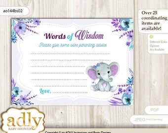Purple Teal Elephant Girl  Words of Wisdom, Advice Card for Baby Shower Printable DIY for Elephant, floral - ao144bs2