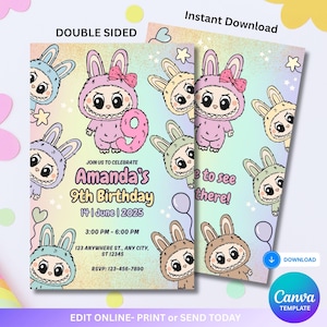 Labubu verjaardagsuitnodiging bewerkbare Canva-sjabloon, download van labubu-uitnodiging, alle nummers inbegrepen, trendy monsterverjaardag pdf jpeg