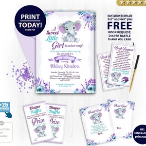 Paarse Teal olifant baby shower uitnodiging-afdrukbare uitnodiging pinda uitnodigen-olifant douche-gratis luierloterij, boek aanvraag & bedankkaart