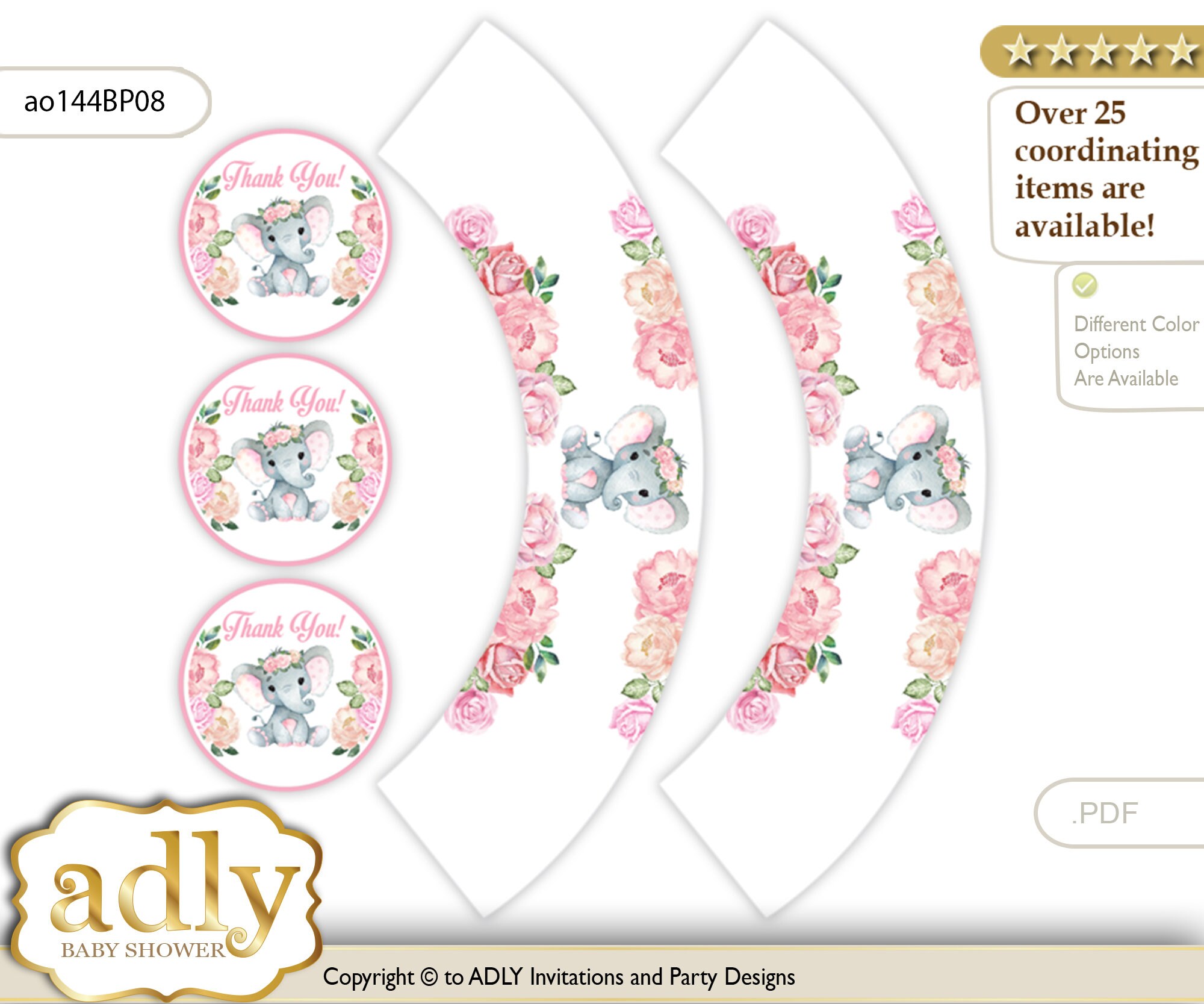 Girl Elephant Cupcake Wrappers and Thank You Printable for Baby Elephant Shower DIY Rose ao144BP8