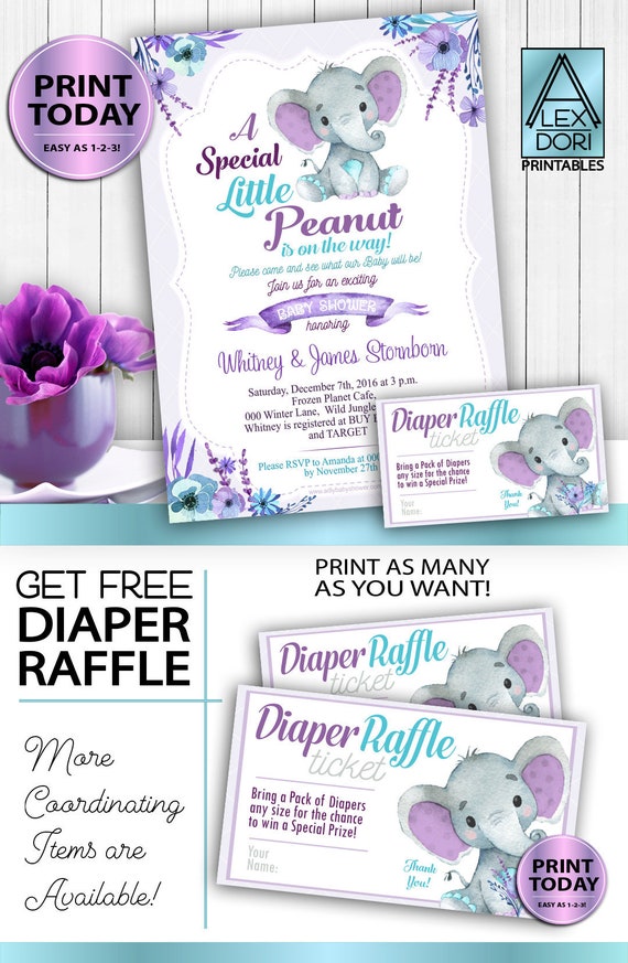 Elephant Baby Shower Invitation: Purple Teal, Gender Neutral