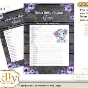 Lila Elefanten Mädchen Tierbaby Spiel, Tiere erraten druckbare Karte für Baby Mädchen Dusche DIY rustikales Holzmuster Lila grauer Elefant