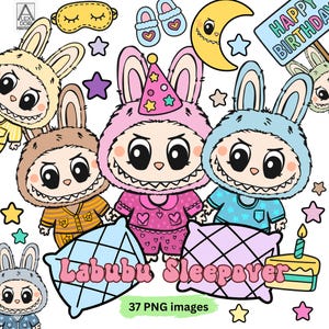 Images png du lot Labubu soirée pyjama avec des poupées monstres à la mode avec des étoiles, des oreillers, un gâteau d'anniversaire, un pyjama décoratif pour une invitation labubu