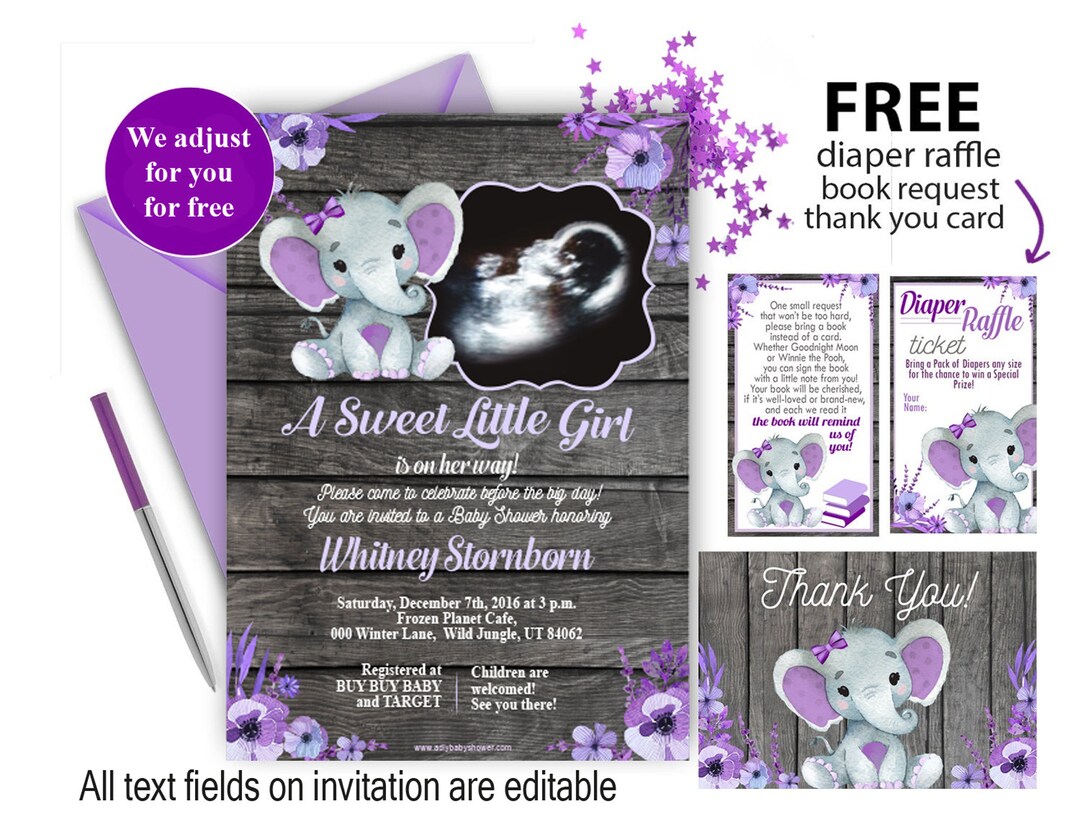 Purple Elephant Baby Shower Ultrasound Rustic Invitation, Wooden