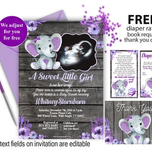 Paarse Olifant Baby Douche Echografie rustieke Uitnodiging, Houten Achtergrond Afdrukbare Foto Uitnodiging Pinda Invite-FREE Luier Loterij boek