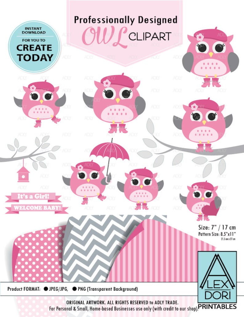 Baby Shower decoration,birthday instant download commercial license png file Nursery Baby Pink and gray owl clip art Girl Owl Clipart