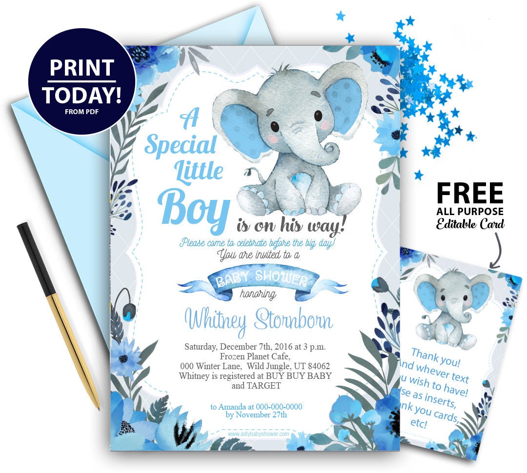 boy-elephant-baby-shower-invitation-with-blue-gray-flowers-etsy