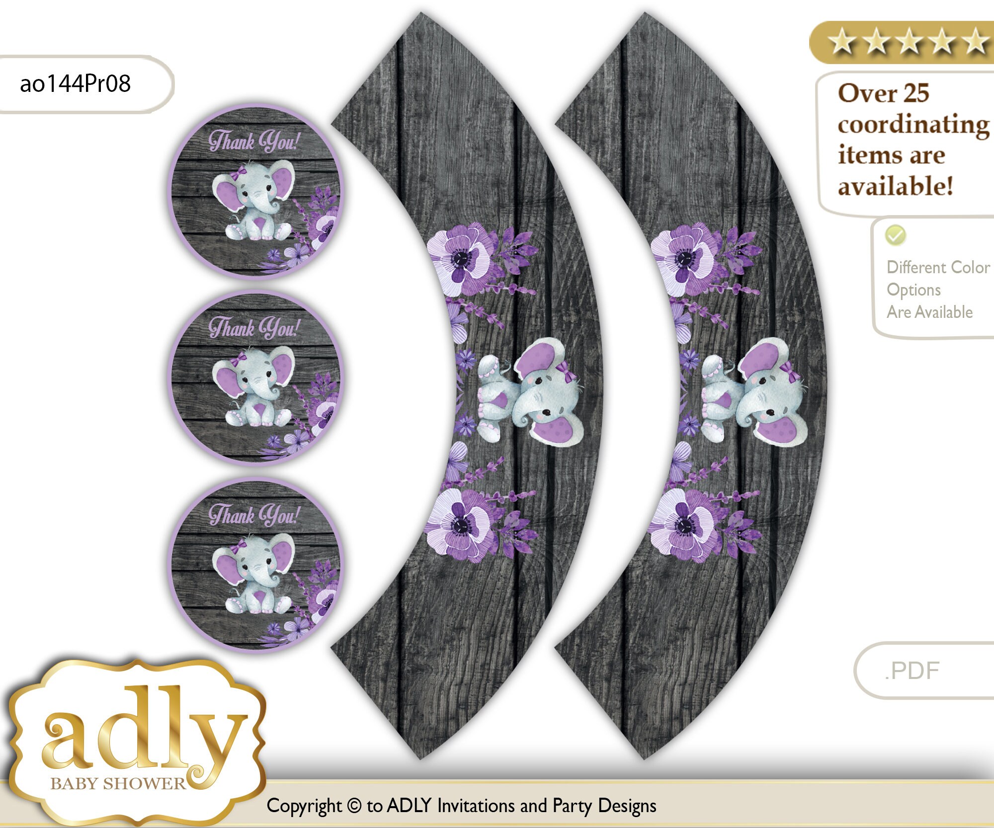 Purple Elephant Girl Cupcake Wrappers and Thank You Printable for Baby Girl Shower DIY RusticDigital DownloadprintableClip