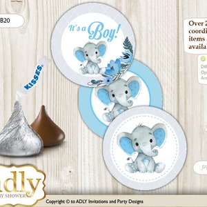 Olifant Jongen Candy Kisses cirkels Afdrukbaar voor Baby Olifant Douche DIY Blauw Grijs, Bloemen - ao144B20
