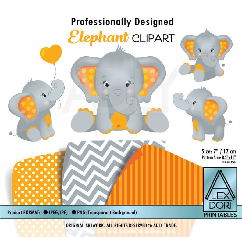 Elephants clip art orange and gray clipart baby shower Etsy