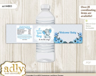 Elephant Boy Baby Shower Water Bottle Wrappers, water Label, - it&#39;s a Elephant Blue Gray, Floral Avery Label Waterproof wrapper template