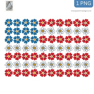 Drapeau floral des Etats-Unis, jolies fleurs rouges, blanches, bleues pour le t-shirt femme de la fête de l'indépendance du 4 juillet, transfert d'image PNG, mignon patriotique, hippie, rétro