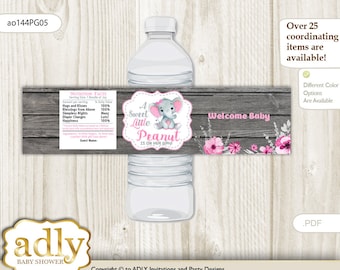 Elephant Girl Baby Shower Water Bottle Wrappers, water Label, - it&#39;s a Elephant pink gray, Rustic - ao144PG5