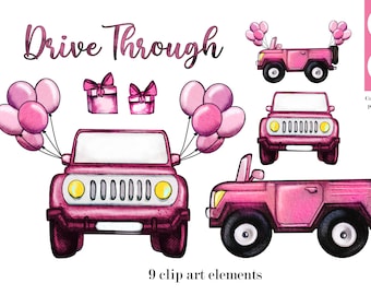 Conduisez par voiture rose, mini van clip art rose, vecteur. Parade baby shower, anniversaire, voiture avec des ballons pour bébé, sublimation d’anniversaire