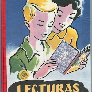 May include: Vintage book cover illustration of two children reading. The cover has a blue background with the title "LECTURAS libro tercero" in yellow and black. The book's spine is red.