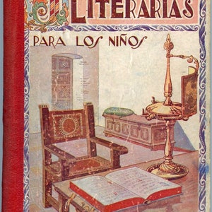 May include: A vintage book cover titled "JOYAS LITERARIAS PARA LOS NIÑOS", with red and brown lettering. The cover depicts a room with furniture and an open book. The author's name, "F. MARTI ALPERA", is printed at the bottom of the cover.
