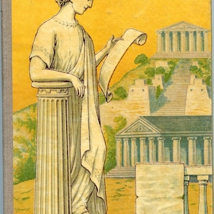 May include: A vintage illustration depicting a woman in a classical gown holding a scroll, with the word "Calliope" at the base. The background features classical architecture and a yellow sky. The image has a vintage aesthetic.