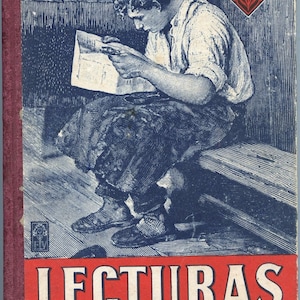 May include: A vintage book cover illustration in blue and white. A person is seated, reading a document. The cover features the word "LECTURAS" in white letters on a red background, with "LIBRO TERCERO" below.