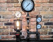 Industrial Steampunk Table Lamp made with Large Pressure Gauge and Vacuum Tube (Edison Style)