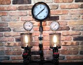 Industrial Steampunk Table Lamp made with Large Pressure Gauge and Vacuum Tube (Edison Style)