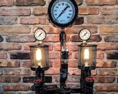 Industrial Steampunk Table Lamp made with Large Pressure Gauge and Vacuum Tube (Edison Style)