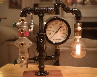 Edison Style Industrial Steampunk Lamp made with Large Pressure Gauge and Vacuum Tube
