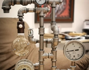 Lampe steampunk de style Edison avec manomètres : éclairage de bureau industriel