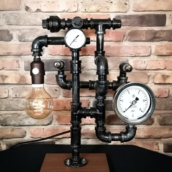 Edison Style Industrial Steampunk Lamp made with 2 Pressure Gauges and Vacuum Tubes