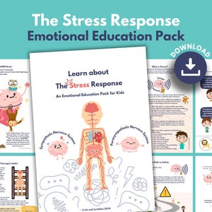 Puede incluir: Un paquete educativo colorido para niños sobre la respuesta al estrés. El paquete incluye ilustraciones del cerebro, el sistema nervioso y el cuerpo, junto con actividades y juegos. El título del paquete es "Aprende sobre la respuesta al estrés: Un paquete educativo emocional para niños".