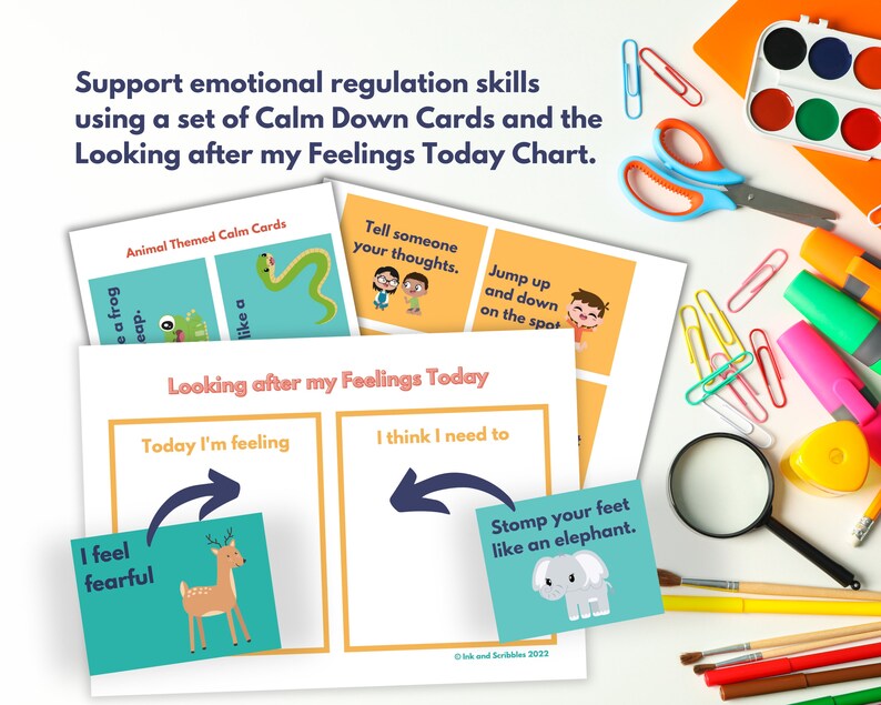 May include: A set of printable cards and a chart for helping children learn to regulate their emotions. The cards feature animal illustrations and simple instructions for calming down, such as "Jump up and down on the spot" and "Stomp your feet like an elephant." The chart is titled "Looking after my Feelings Today" and has two sections: "Today I'm feeling" and "I think I need to."