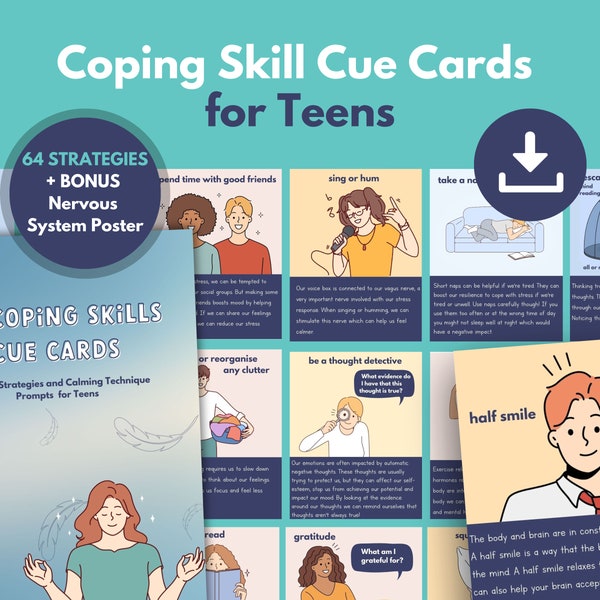 Coping Skill and Calming Strategies Cue Cards for Teens | PRINTABLE Emotional Regulation Flashcards | Calm Down Techniques | Mental Health