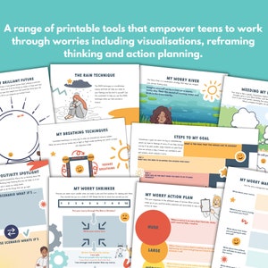 May include: A set of printable worksheets designed to help teens manage anxiety and worry. The worksheets feature colorful illustrations and include activities such as visualizing a positive future, reframing negative thoughts, and creating action plans.