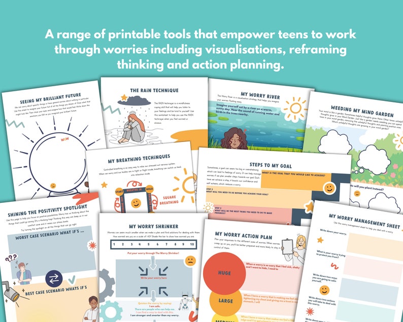 May include: A set of printable worksheets designed to help teens manage anxiety and worry. The worksheets feature colorful illustrations and include activities such as visualizing a positive future, reframing negative thoughts, and creating action plans.