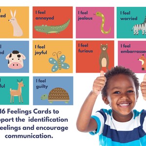 May include: A set of 16 colorful cards featuring animals and the phrase "I feel" followed by an emotion word. The cards are designed to help children identify and express their feelings.